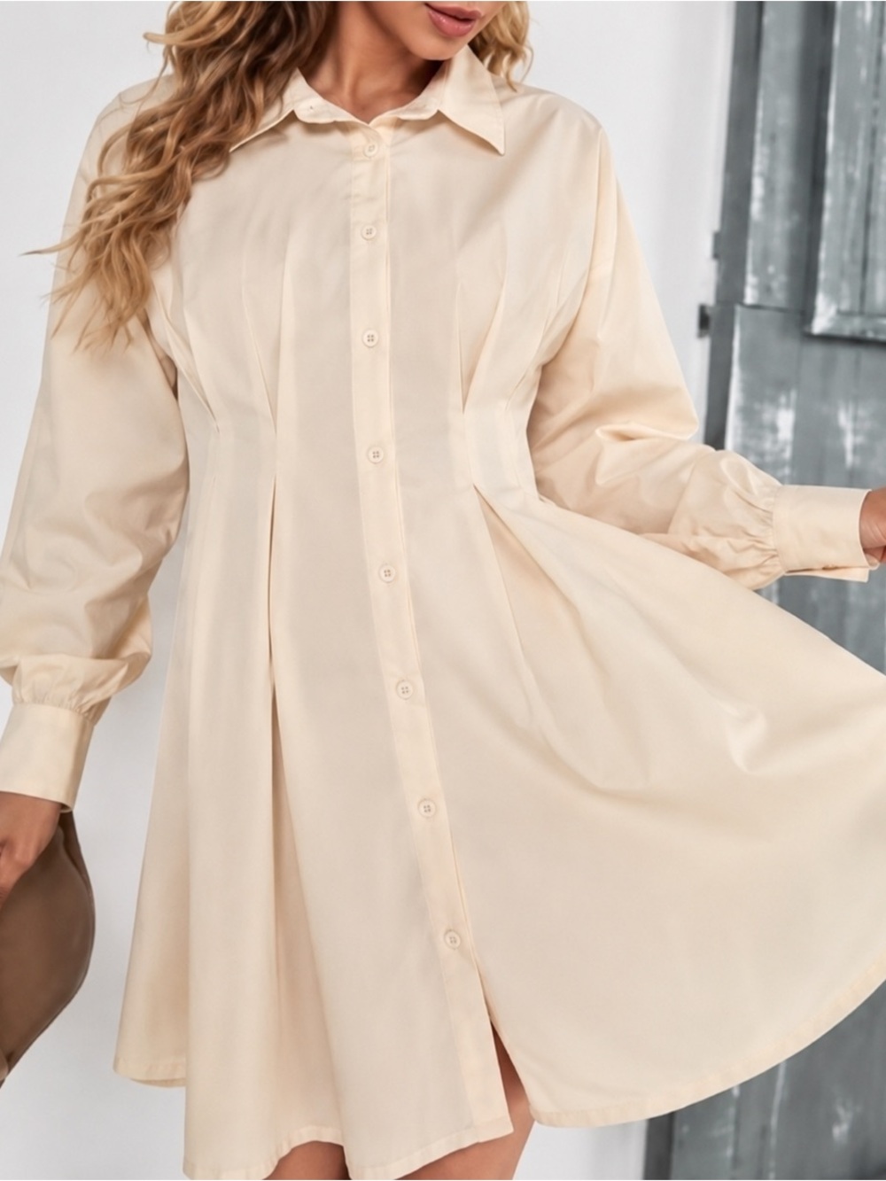 SHEIN Cream Pleated Shirt Dress Maternity Mini‎ Dress